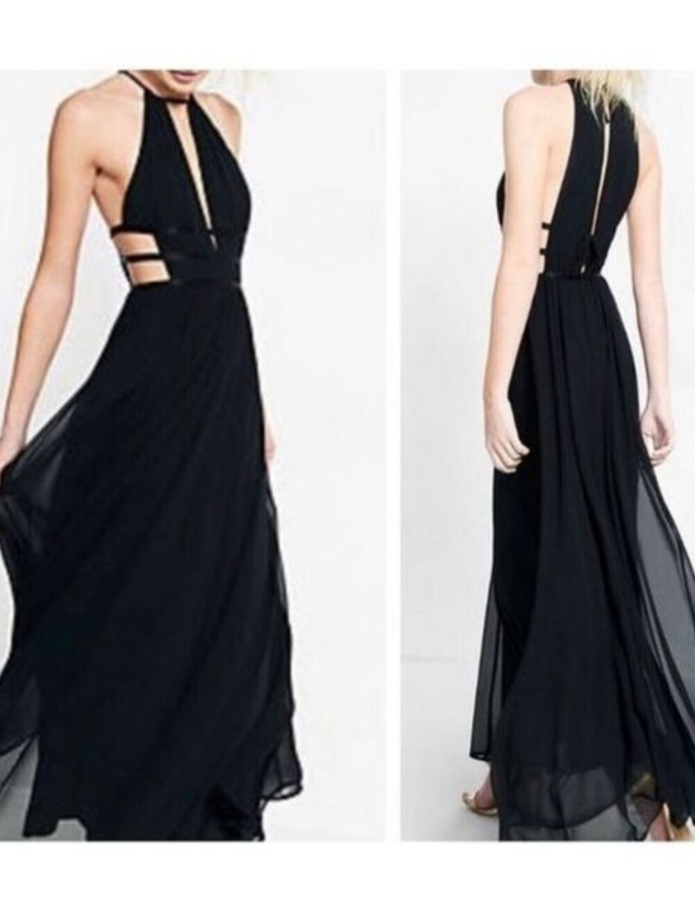 Express Black Halter Plunge Maxi Dress with Side Cutouts